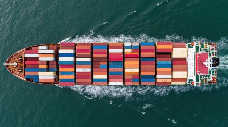 Overhead view of a large container ship loaded with stacked multicolored cargo containers sailing on the ocean