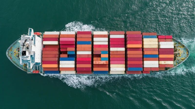 Overhead view of a large container ship loaded with stacked multicolored cargo containers sailing on the ocean