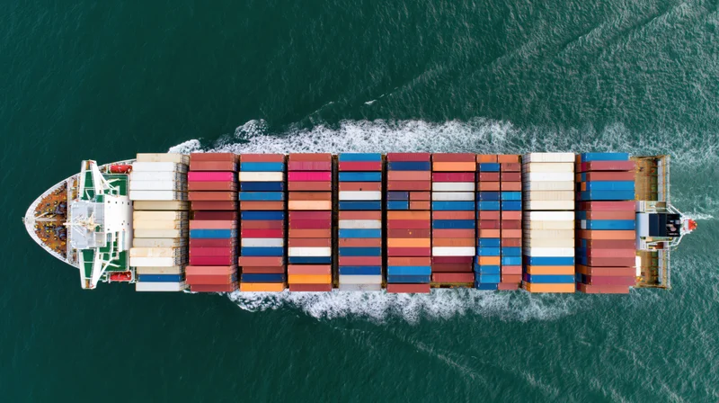 Overhead view of a large container ship carrying stacked multicolored cargo containers across the ocean
