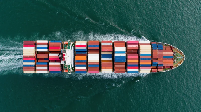Overhead view of large container ship carrying stacked multicolored cargo containers on open ocean