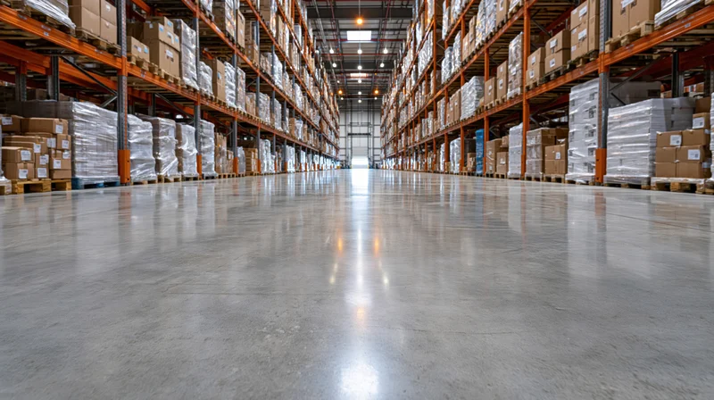 Long central aisle in a large distribution warehouse with tall shelving and stacked boxes on pallets