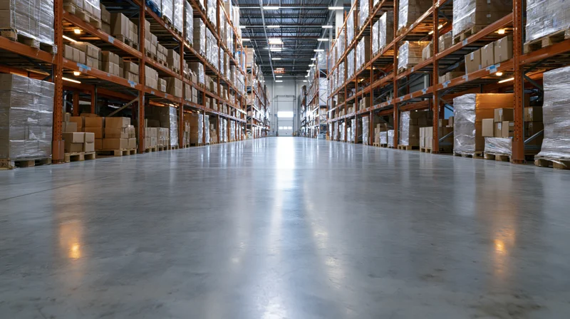 Long central aisle in a large distribution warehouse with tall metal shelving and stacked boxes on pallets
