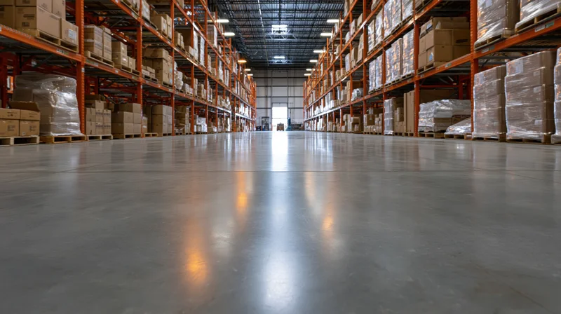 Long central aisle in a large distribution warehouse interior with tall metal shelving and stacked boxes on pallets