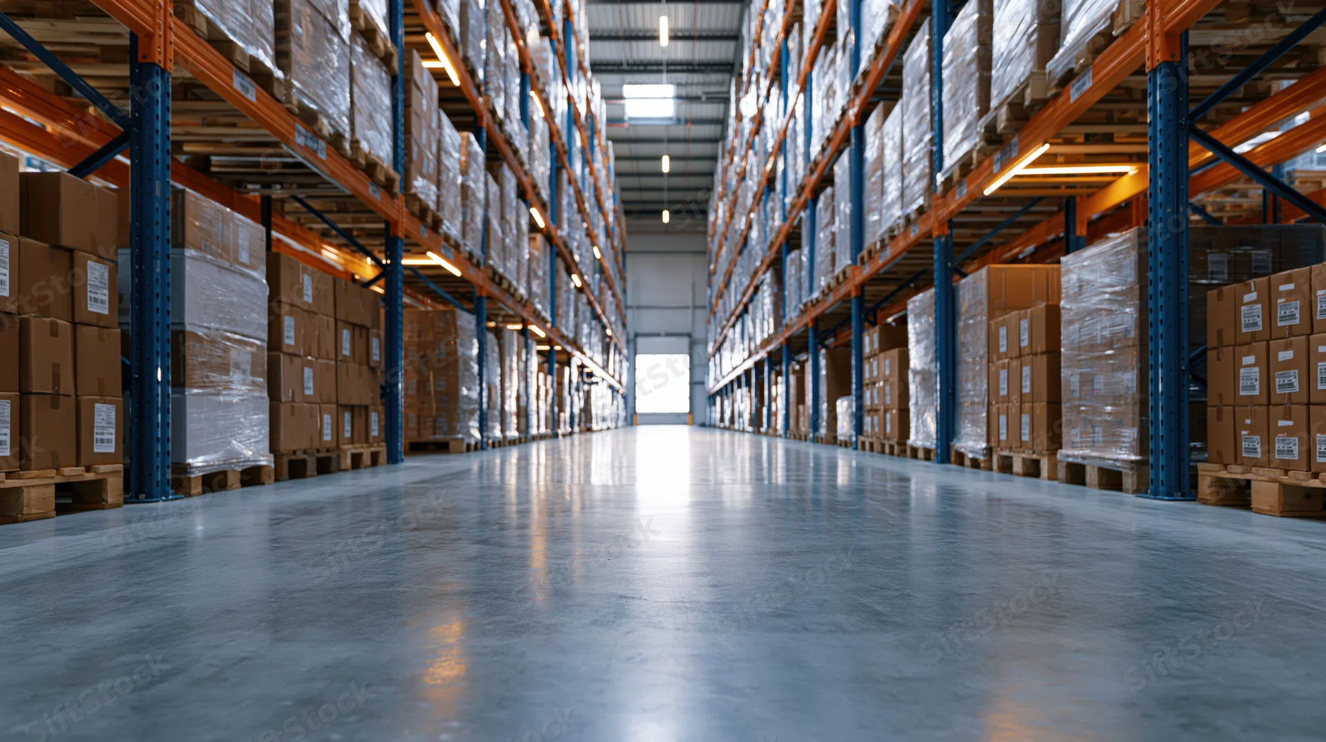 Long aisle in a large distribution warehouse with tall orange steel shelving units on both sides storing stacked pallets of boxes