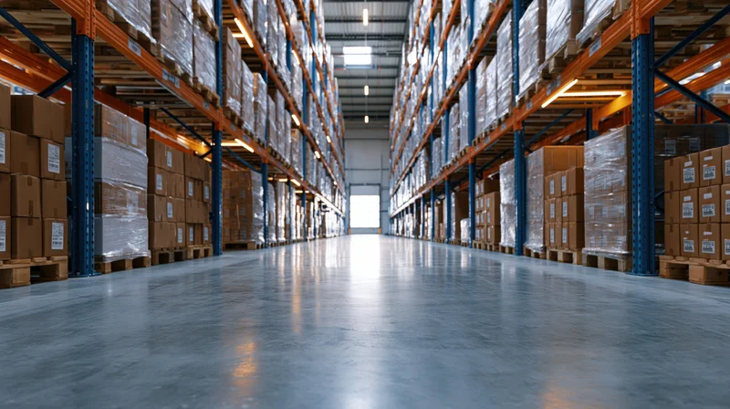 Long aisle in a large distribution warehouse with tall orange steel shelving units on both sides storing stacked pallets of boxes