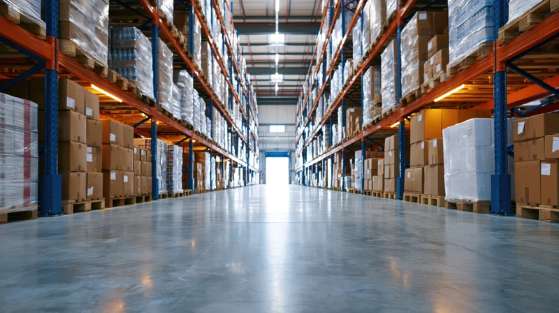Long aisle between tall orange steel shelves filled with stacked boxes in a distribution warehouse