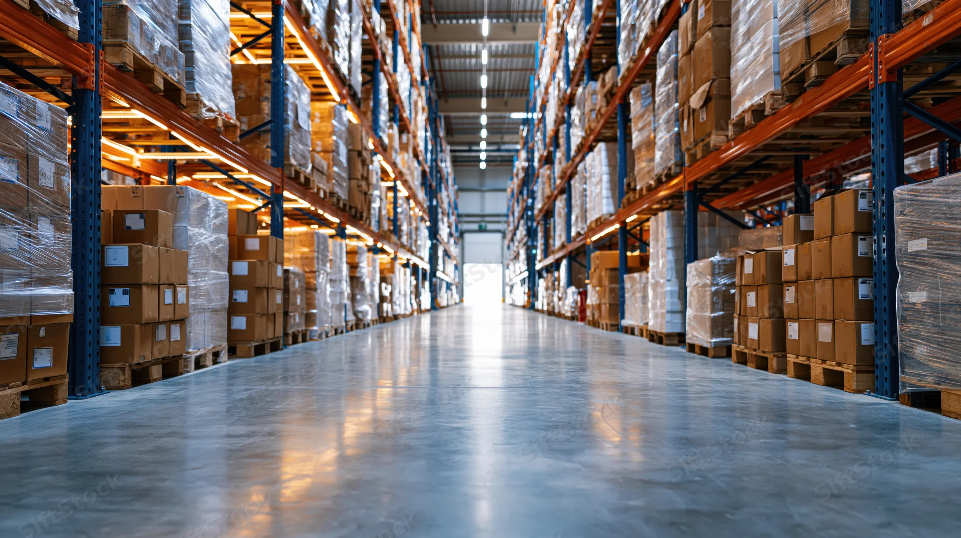 Long aisle in a large distribution warehouse with tall orange steel shelving holding stacked boxes and pallets on concrete floor