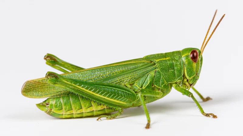 Green grasshopper in profile view against white background
