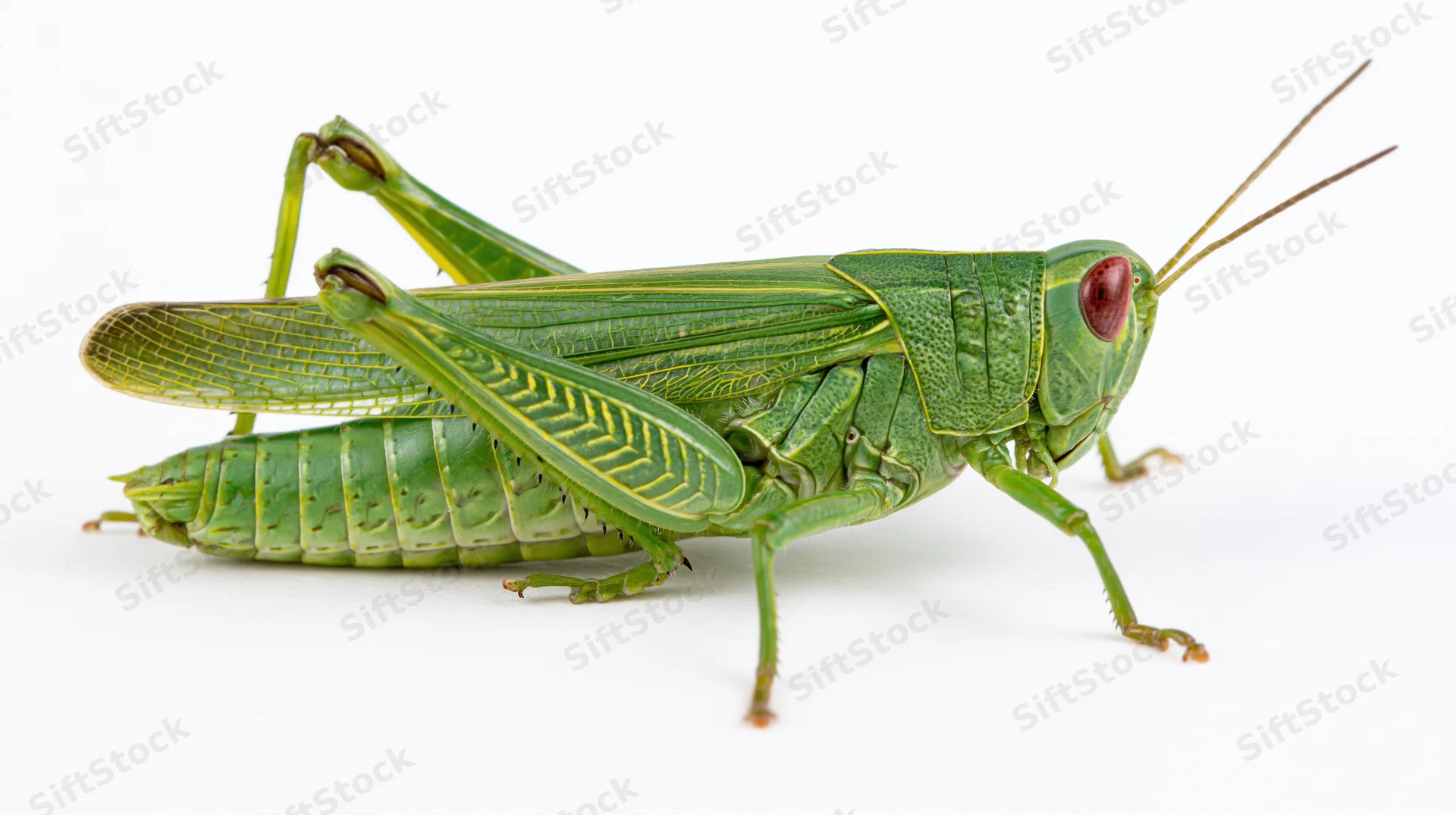 Green grasshopper in profile view isolated on white background