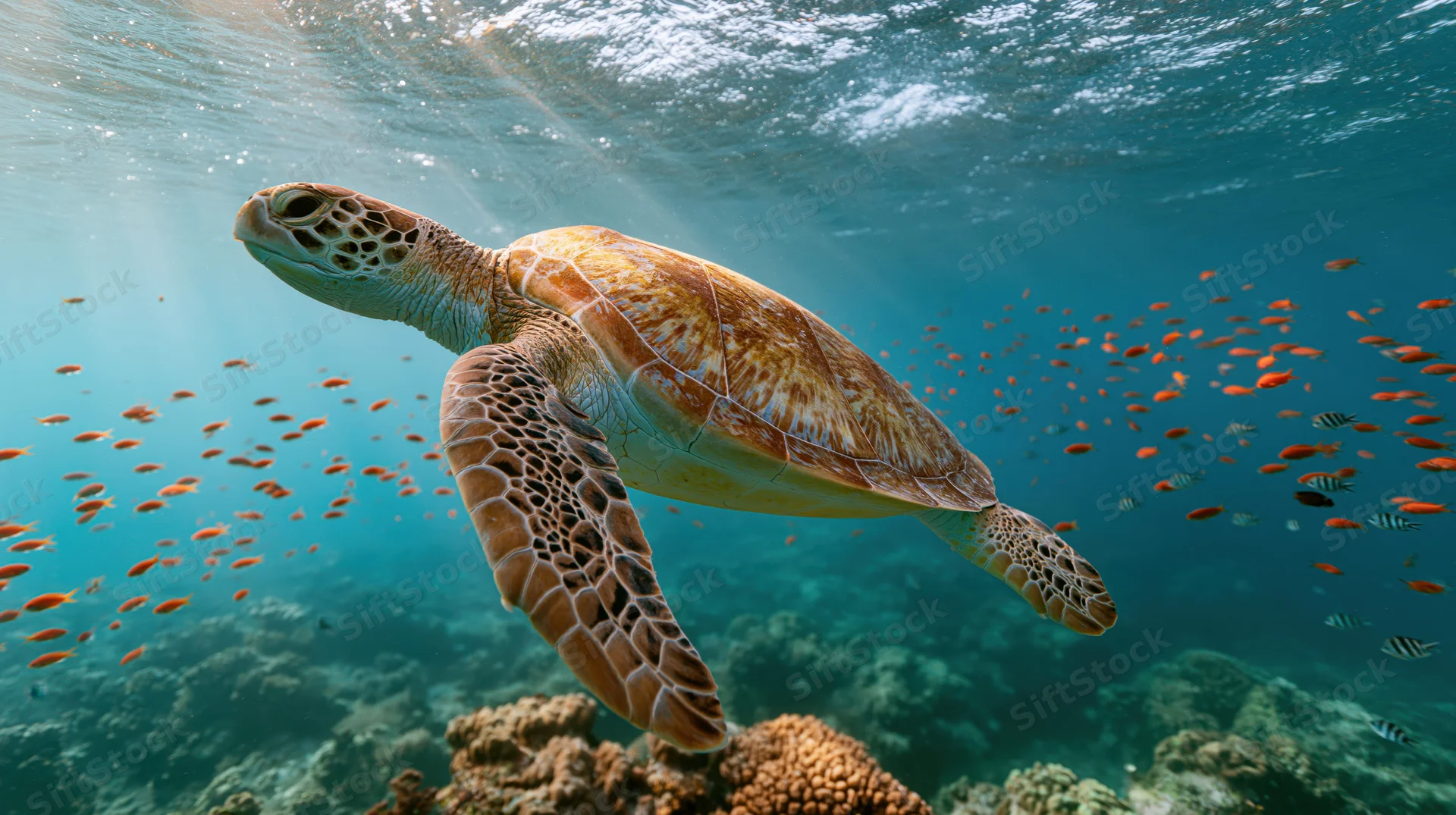 Sea turtle swimming through coral reef surrounded by fish and sunlight filtering through water
