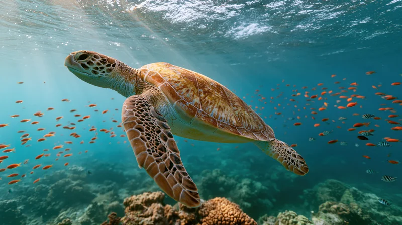 Sea turtle swimming through coral reef surrounded by fish and sunlight filtering through water