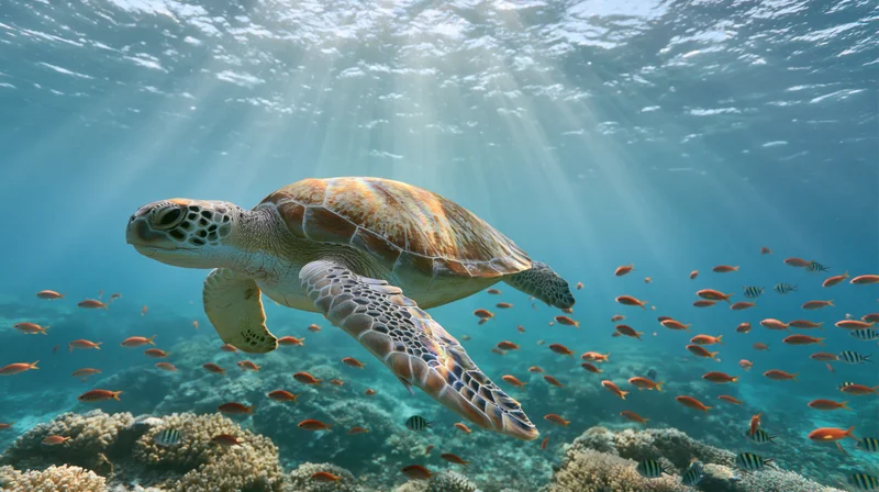 Sea turtle swimming through coral reef with sunlight rays filtering through water