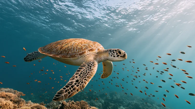 Sea turtle swimming through coral reef with fish and sunlight filtering through water