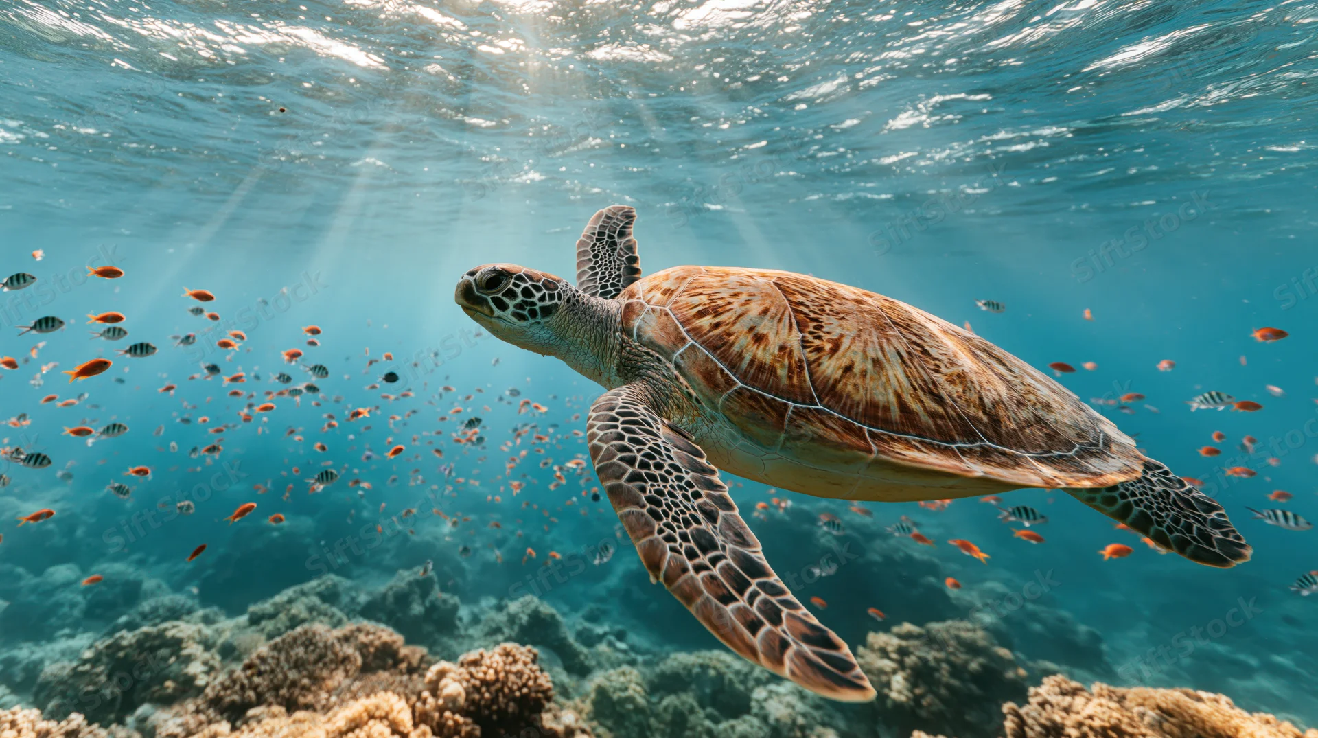 Sea turtle swimming through coral reef underwater with fish and sunlight filtering through water