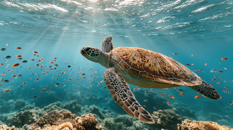 Sea turtle swimming through coral reef underwater with fish and sunlight filtering through water