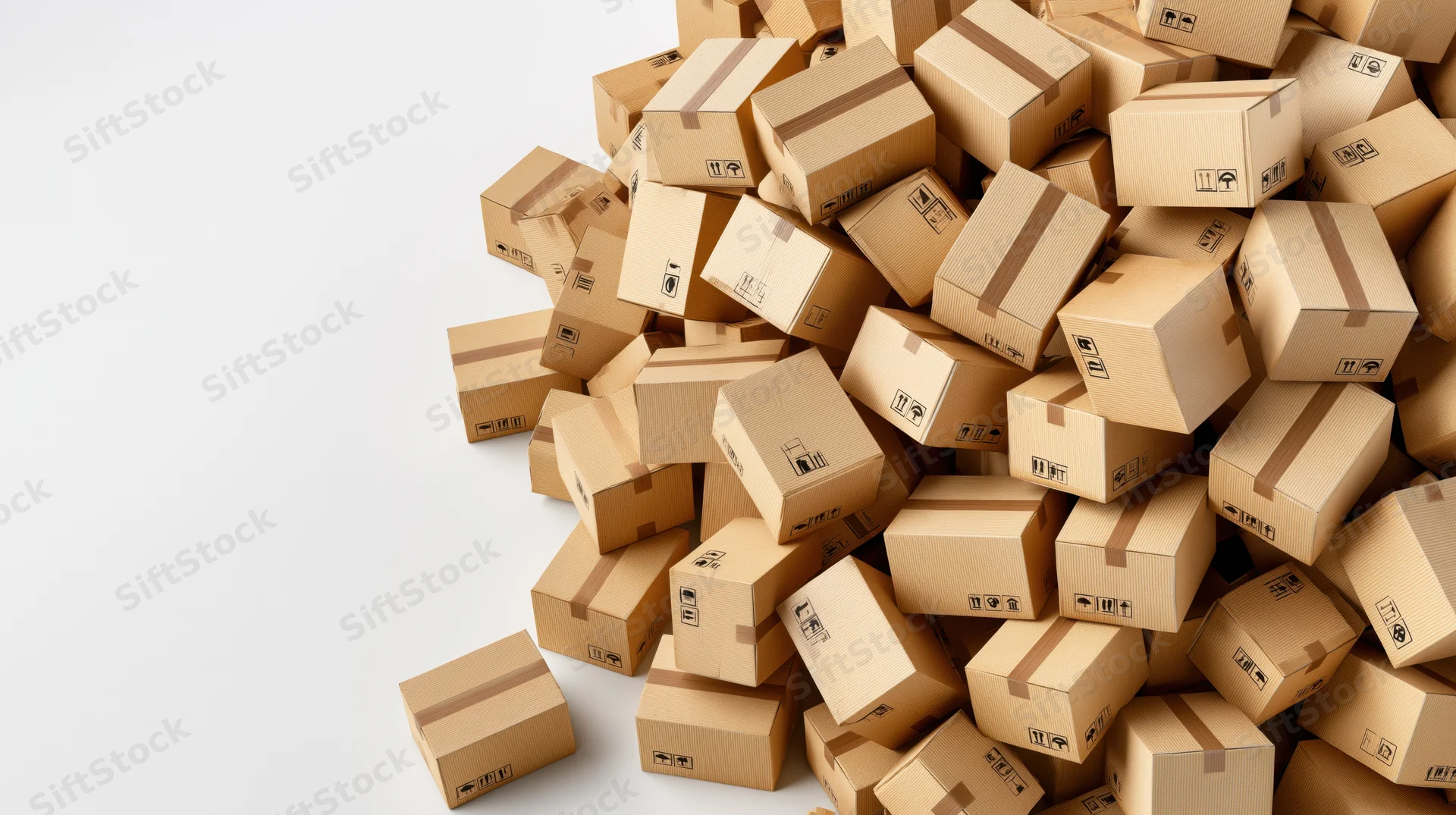 Pile of sealed cardboard shipping boxes scattered on white surface