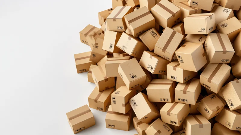 Pile of sealed cardboard shipping boxes scattered on white surface