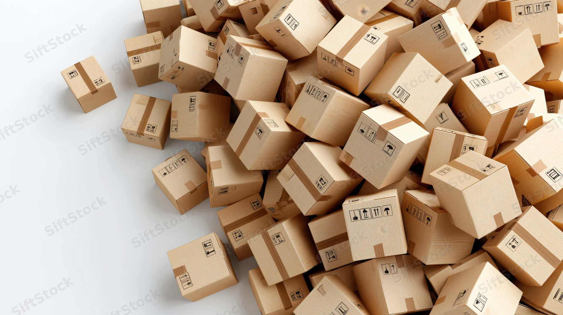 Pile of sealed cardboard shipping boxes scattered on white surface