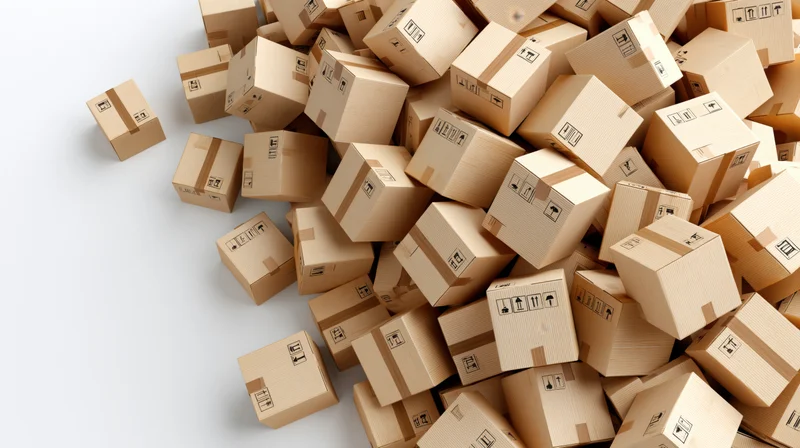 Pile of sealed cardboard shipping boxes scattered on white surface