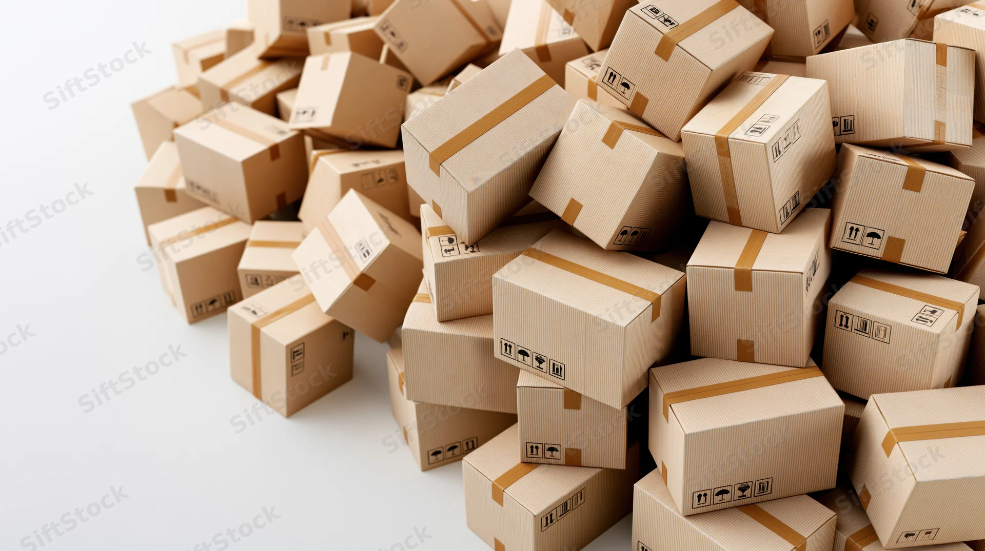 Pile of sealed cardboard shipping boxes scattered on white surface