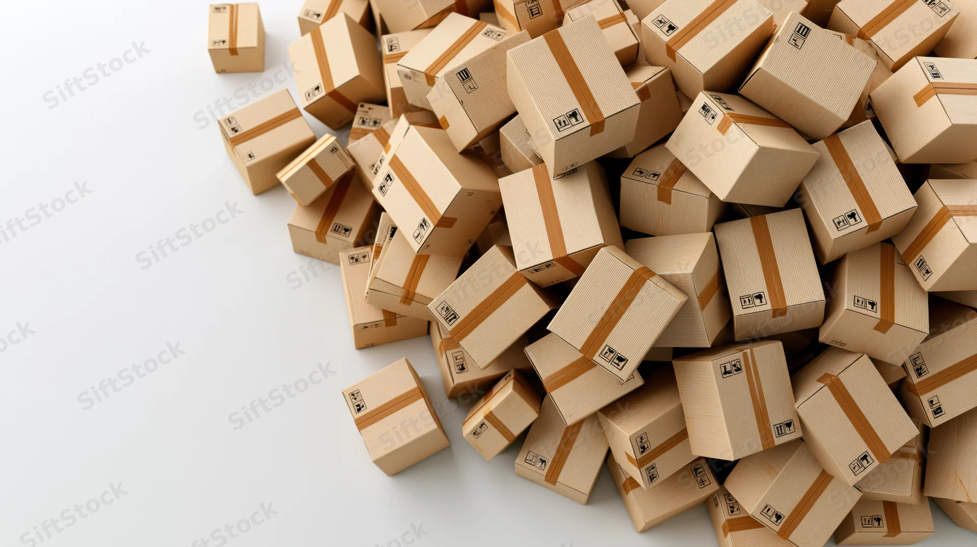 Pile of sealed cardboard shipping boxes scattered on white surface with copyspace
