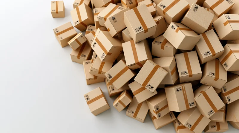 Pile of sealed cardboard shipping boxes scattered on white surface with copyspace