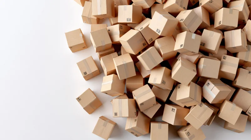 Pile of cardboard shipping boxes scattered on white surface with copyspace