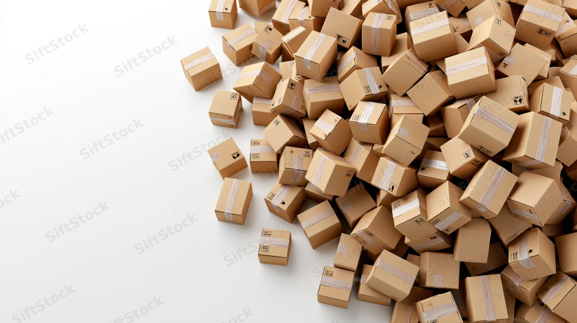Scattered cardboard shipping boxes on white background with copyspace