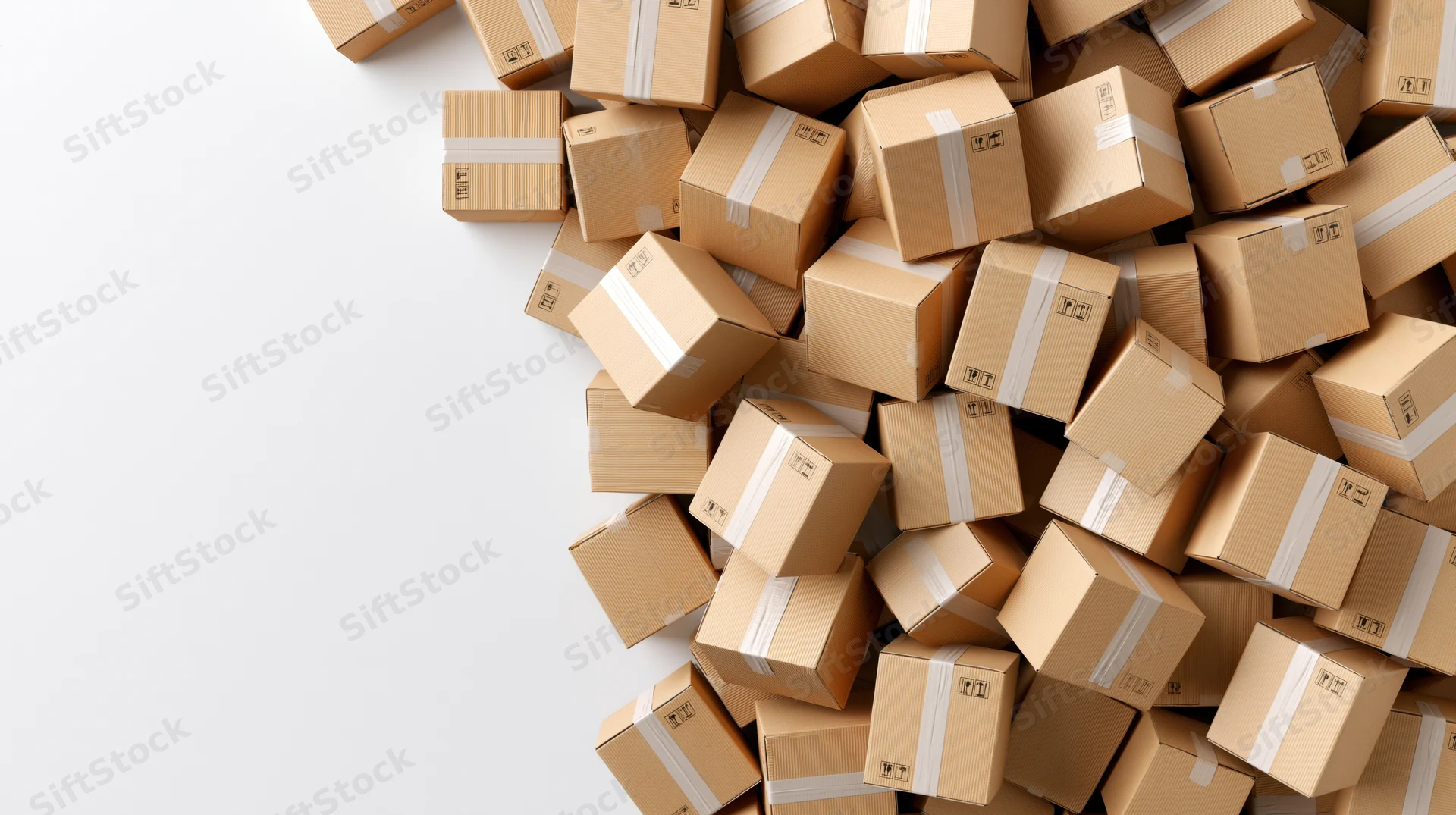 Pile of tan cardboard shipping boxes scattered on white surface with copyspace on left