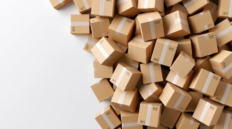Pile of tan cardboard shipping boxes scattered on white surface with copyspace on left