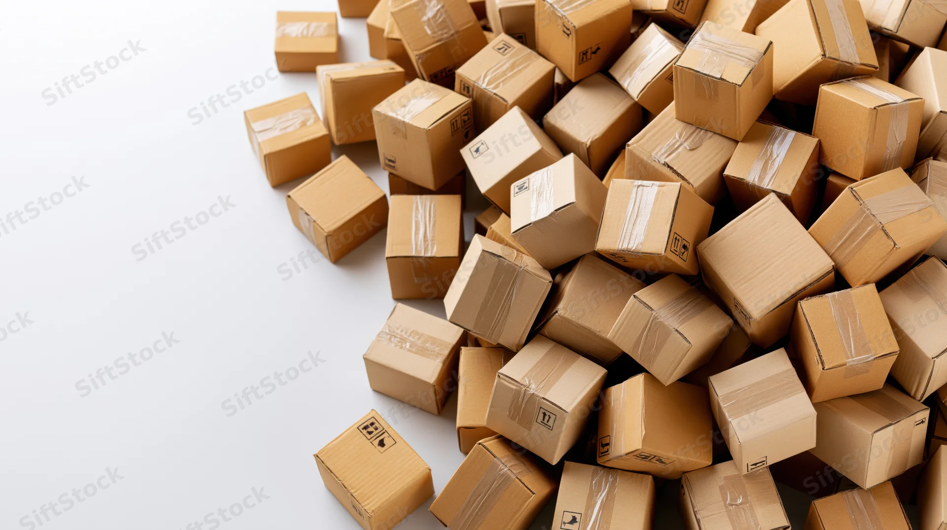 Pile of cardboard shipping boxes scattered on white surface