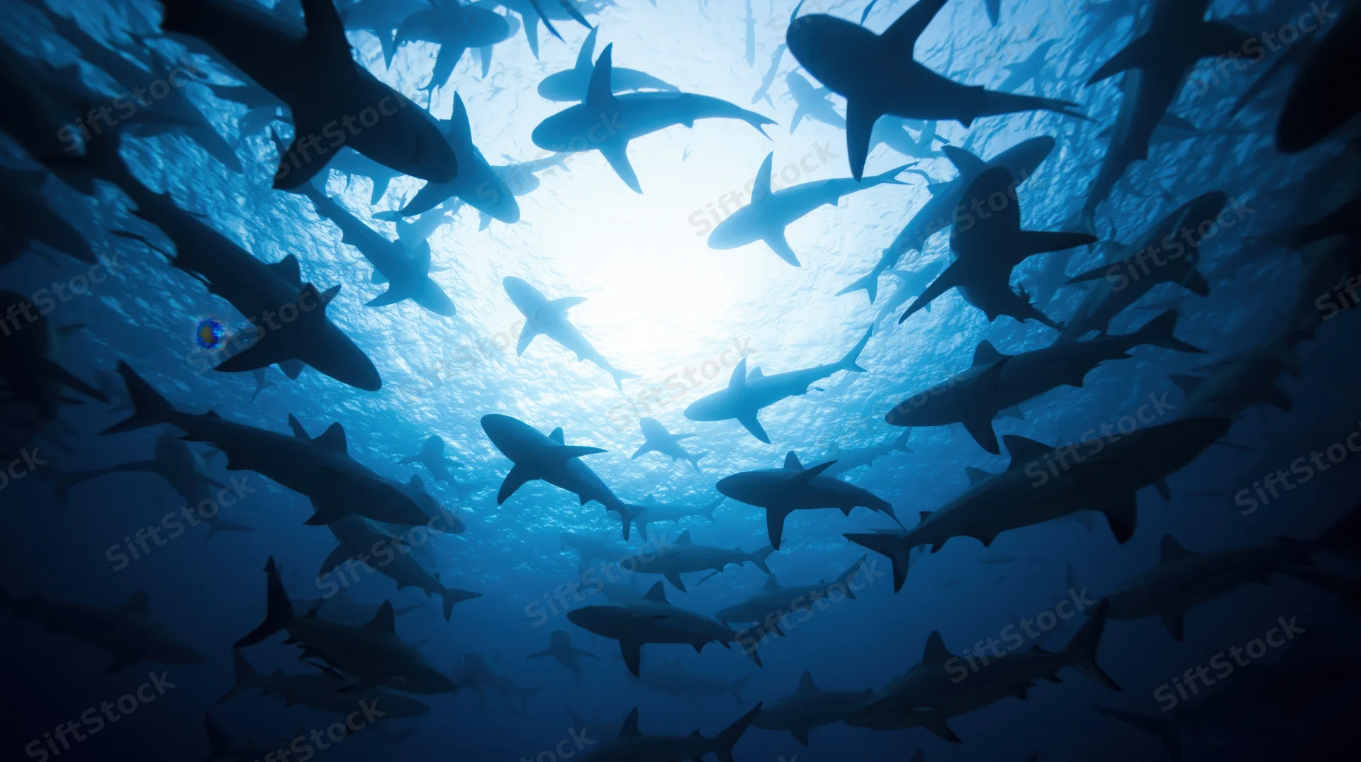 School of sharks swimming overhead in deep blue ocean viewed from below
