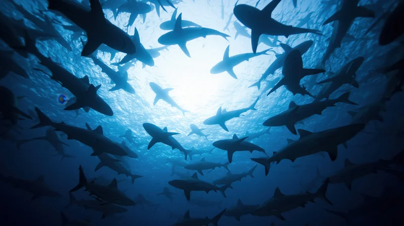 School of sharks swimming overhead in deep blue ocean viewed from below