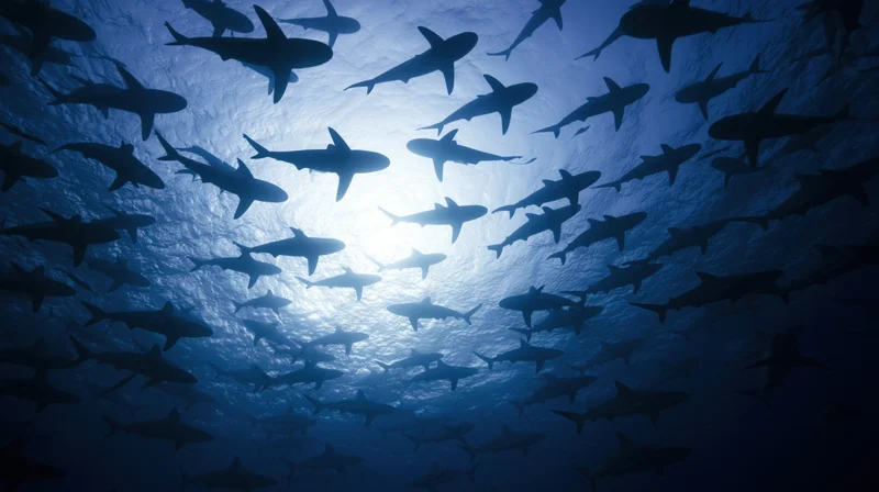 School of sharks swimming in circle overhead viewed from below underwater
