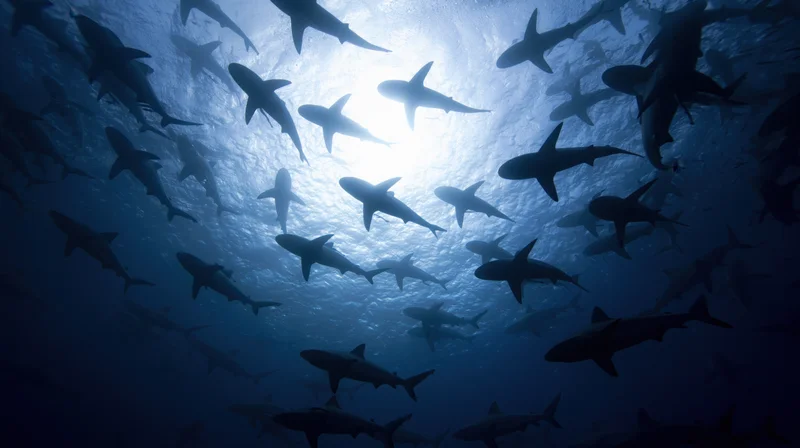 School of sharks swimming overhead in deep ocean viewed from below with sunlight filtering through water