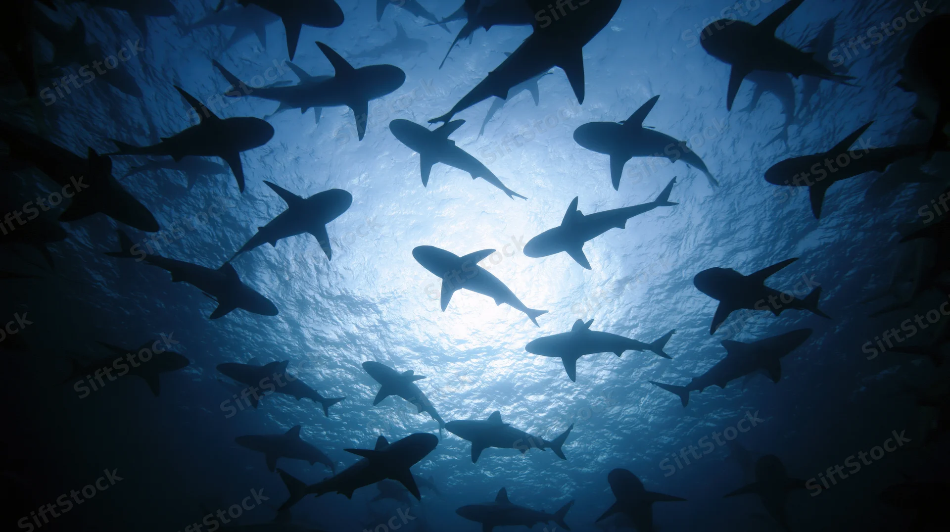 School of sharks swimming overhead in deep ocean water viewed from below