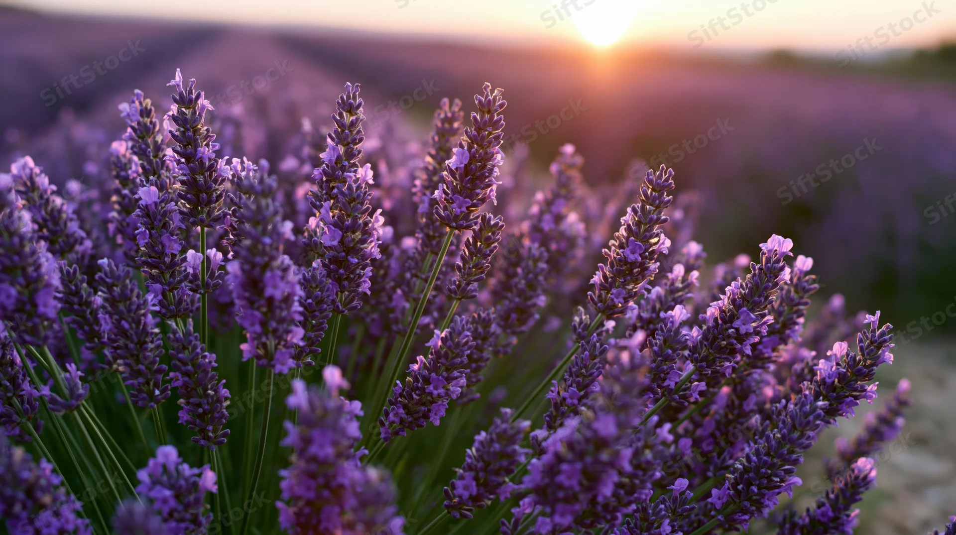 Lavender stalks in full bloom filling rows of a field at sunset