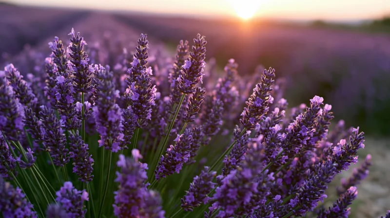 Lavender stalks in full bloom filling rows of a field at sunset