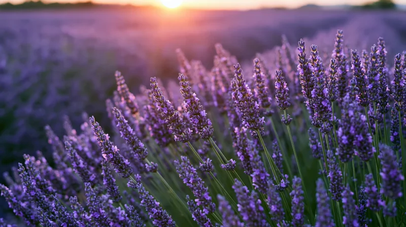 Lavender stalks in full bloom filling the foreground of a vast field at sunset