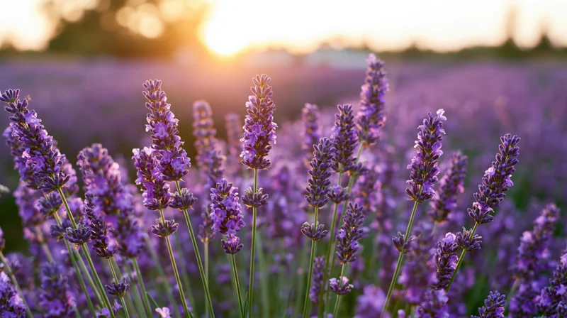 Lavender stalks in full bloom filling the foreground of a field at sunset