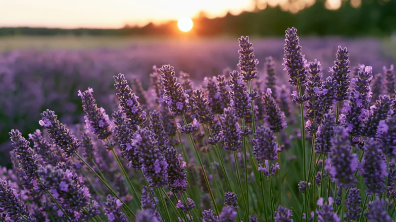 Lavender stalks in full bloom filling the foreground of a field at sunset