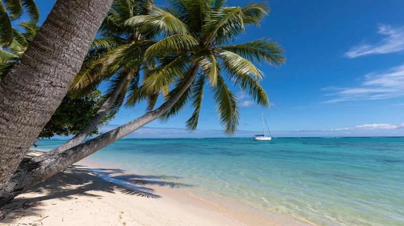 Leaning coconut palm trees over white sand beach with sailboat in turquoise ocean under clear blue sky