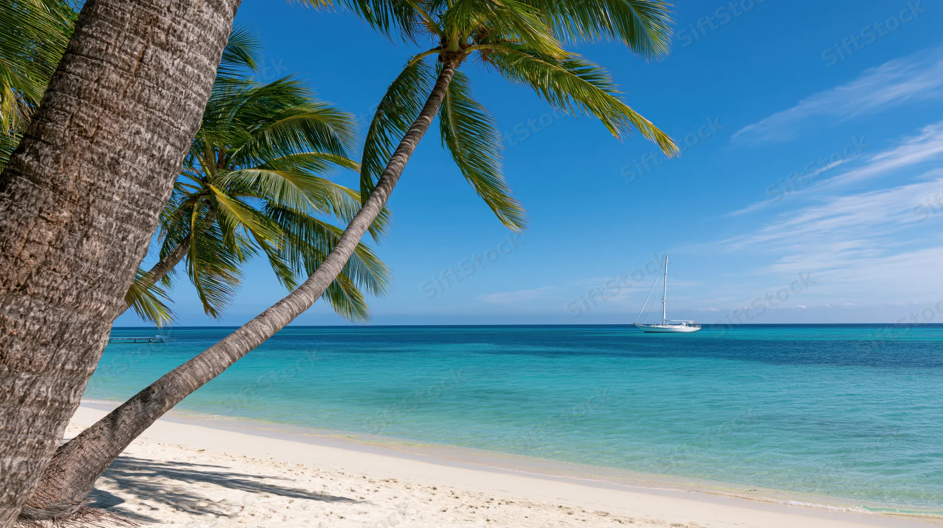 Leaning coconut palm trees over white sand beach with sailboat on turquoise ocean under clear blue sky