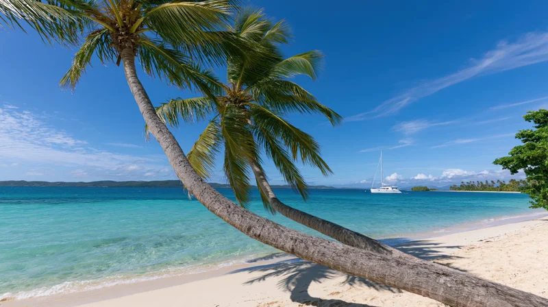 Leaning coconut palm trees over white sand beach with turquoise ocean and sailboat in distance