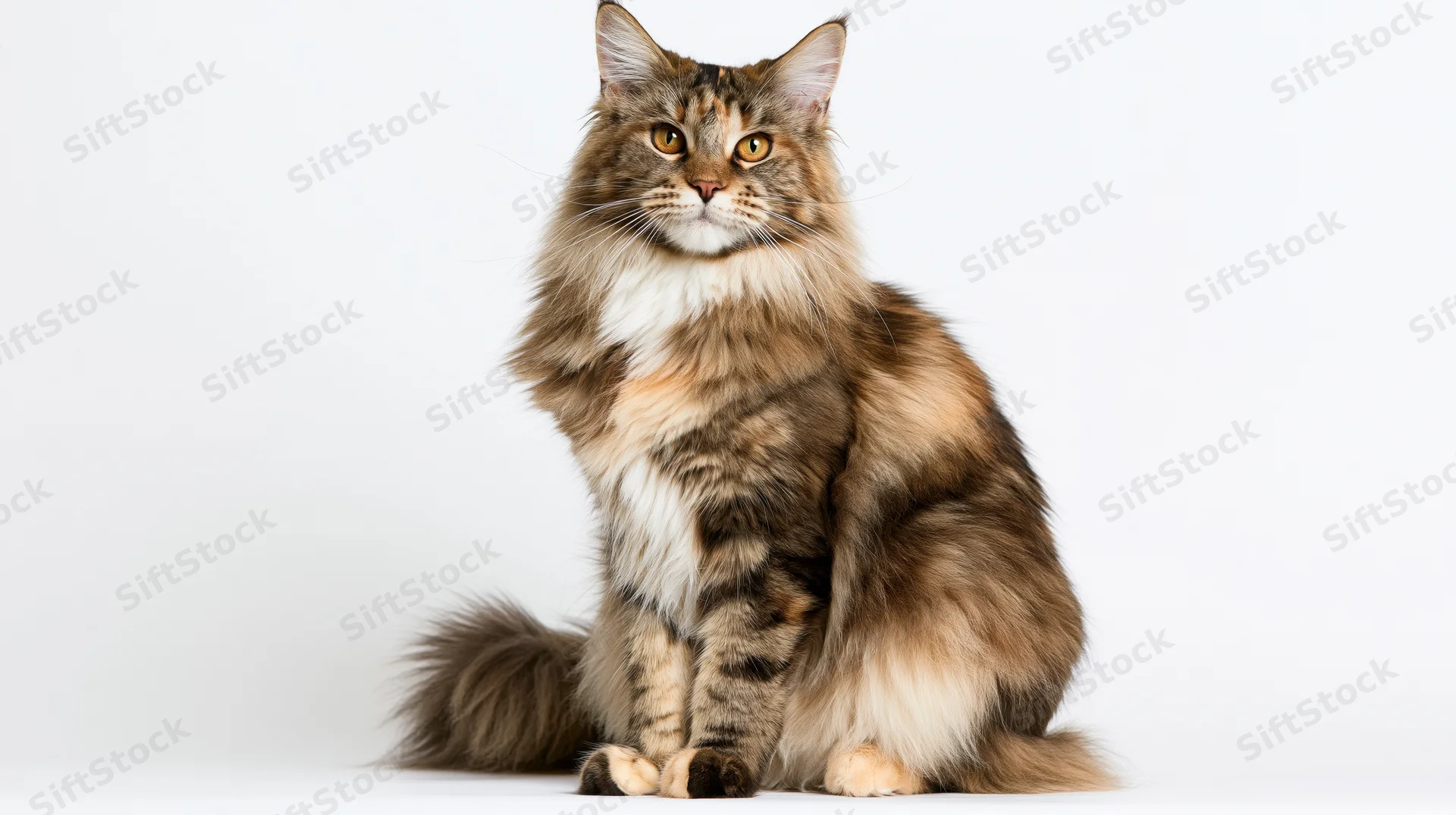 Maine coon cat sitting upright and alert facing forward on white background