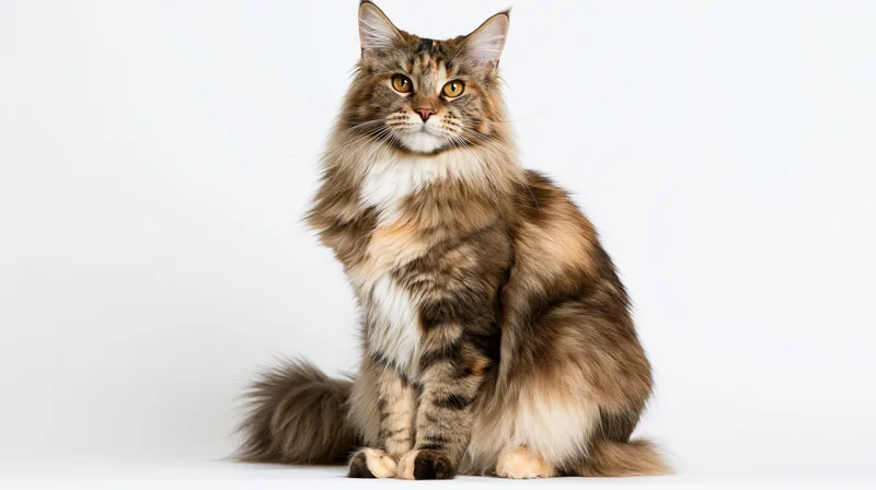 Maine coon cat sitting upright and alert facing forward on white background