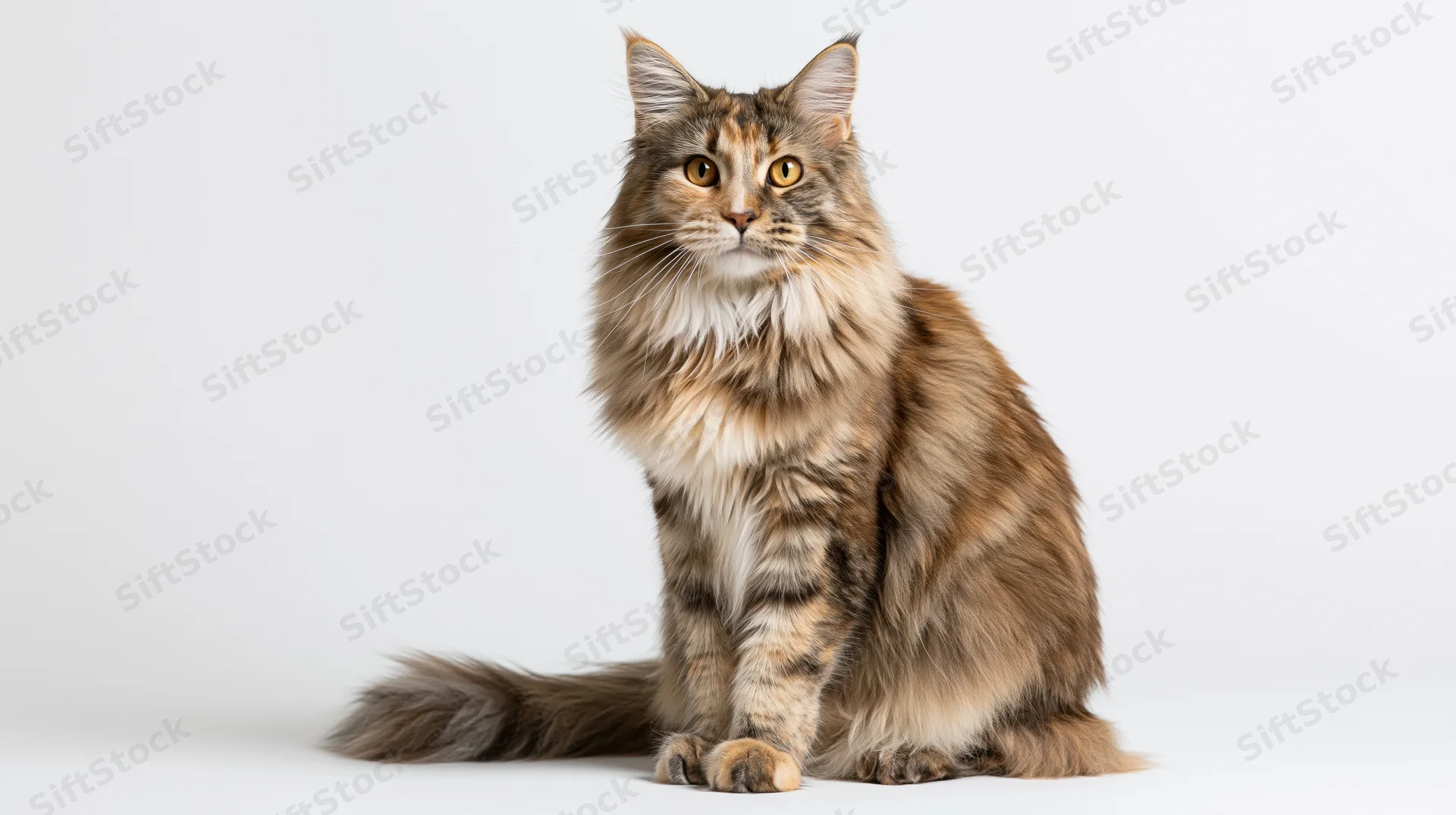 Maine coon cat sitting upright and alert facing forward on white background