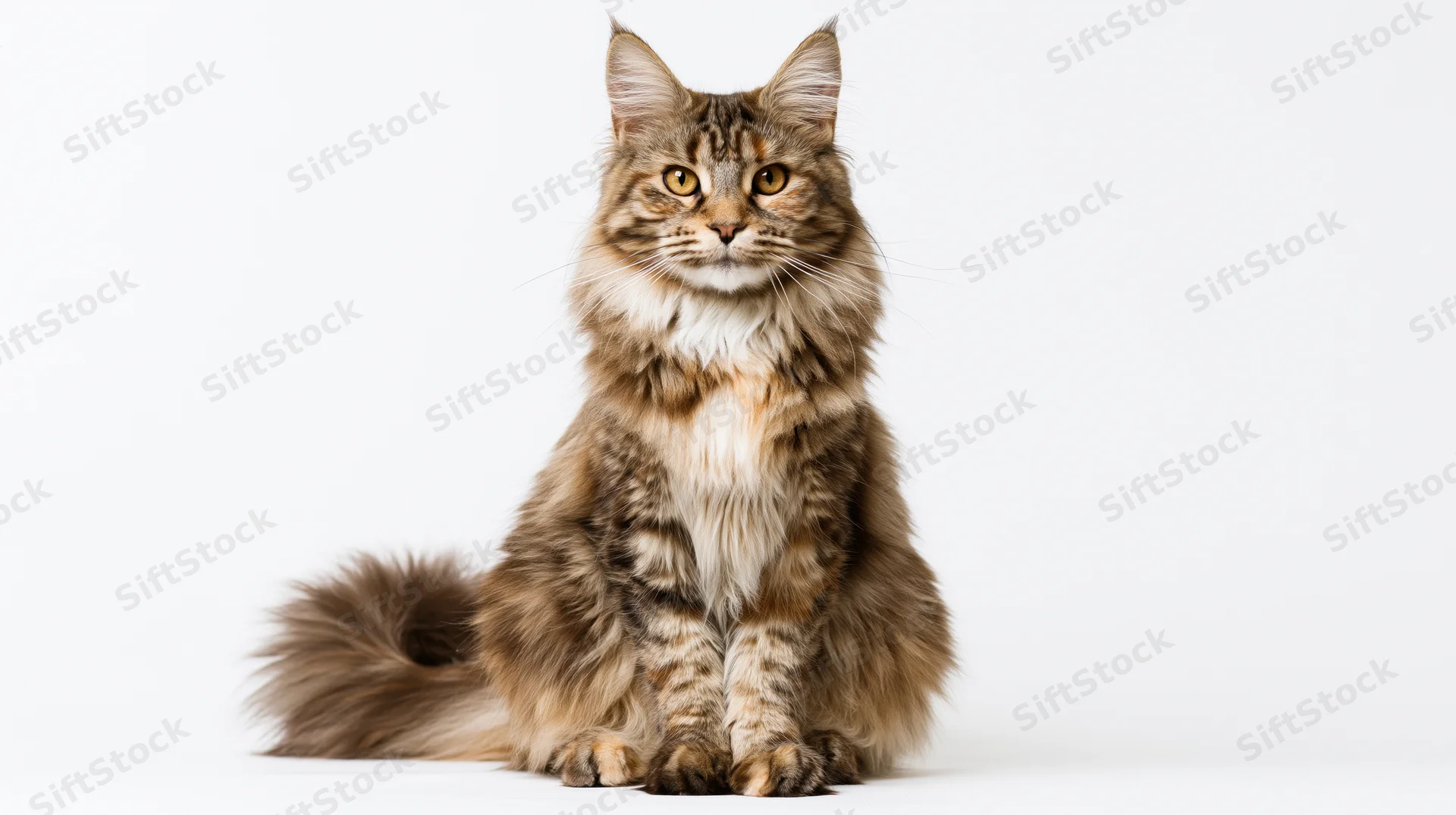 Maine coon cat sitting upright and alert facing forward on white background