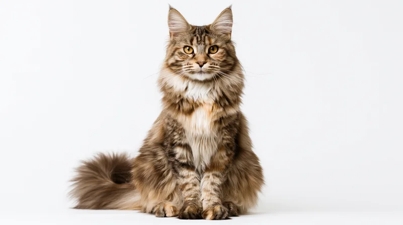 Maine coon cat sitting upright and alert facing forward on white background