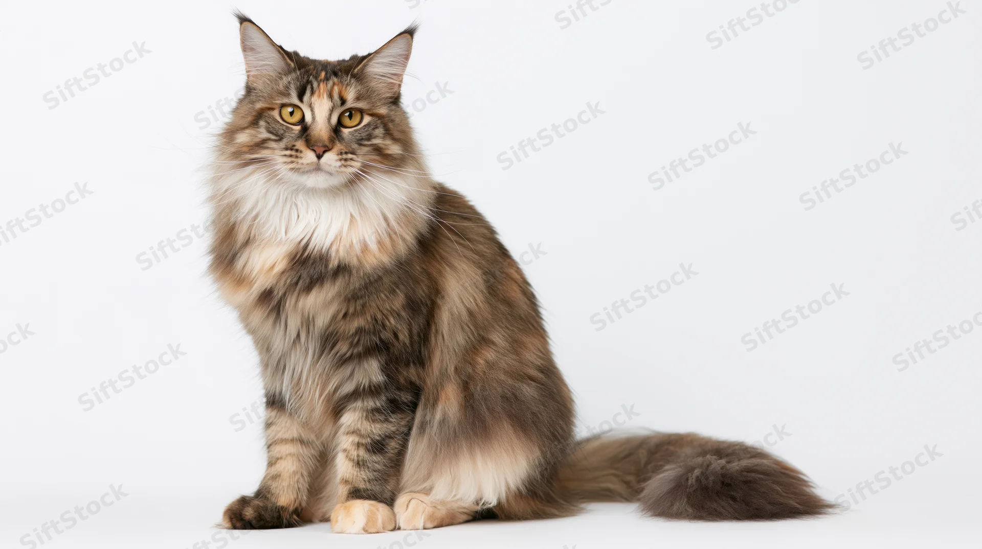 Maine coon cat sitting upright and alert facing forward on white background